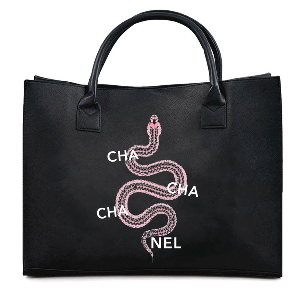 MODERN VEGAN TOTE black cha cha cha nel travel laptop bag purse La trading snake